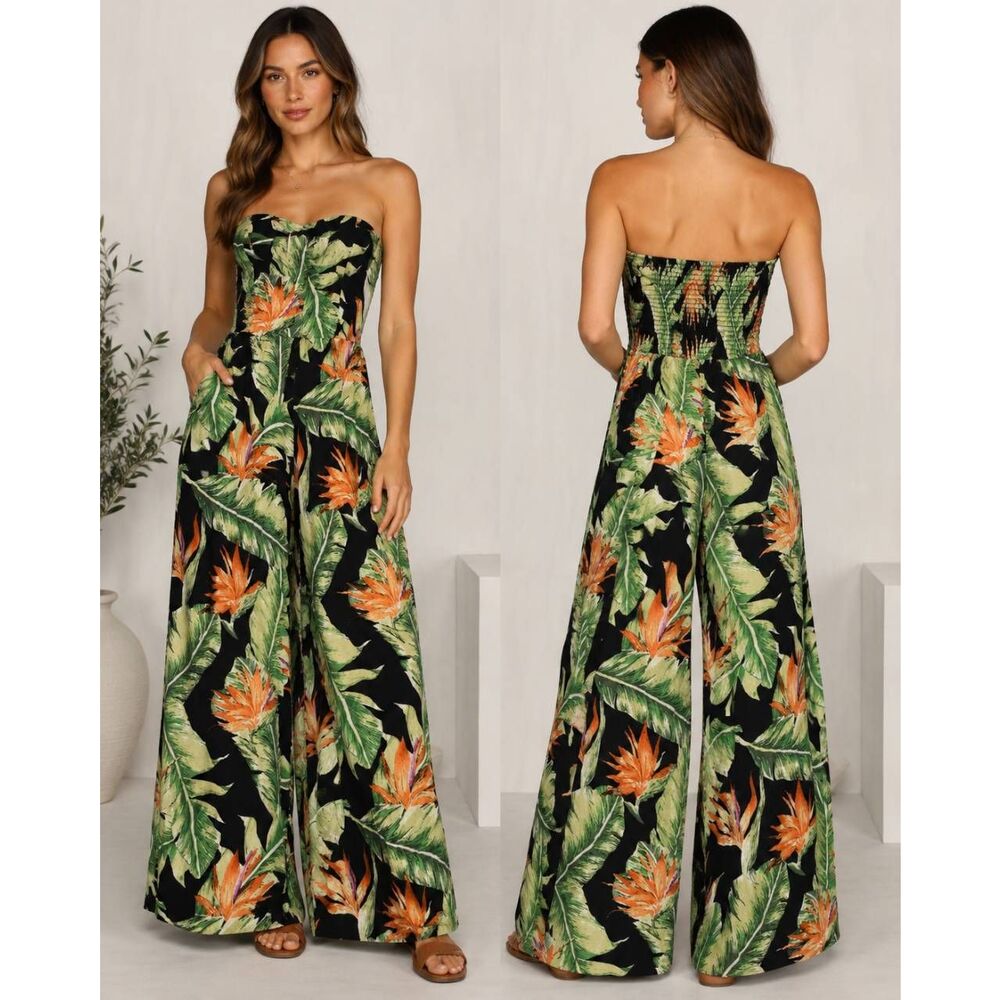 MINKPINK Tropical Strapless Wide Leg Jumpsuit Women’s Medium Black Floral Palm P